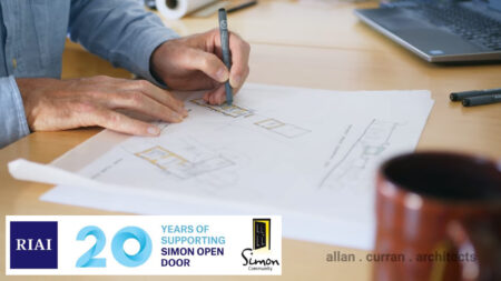A poster for the RIAI Simon Open Door campaign, which also shows an architect drawing a sketch and the Allan Curran Architects logo.